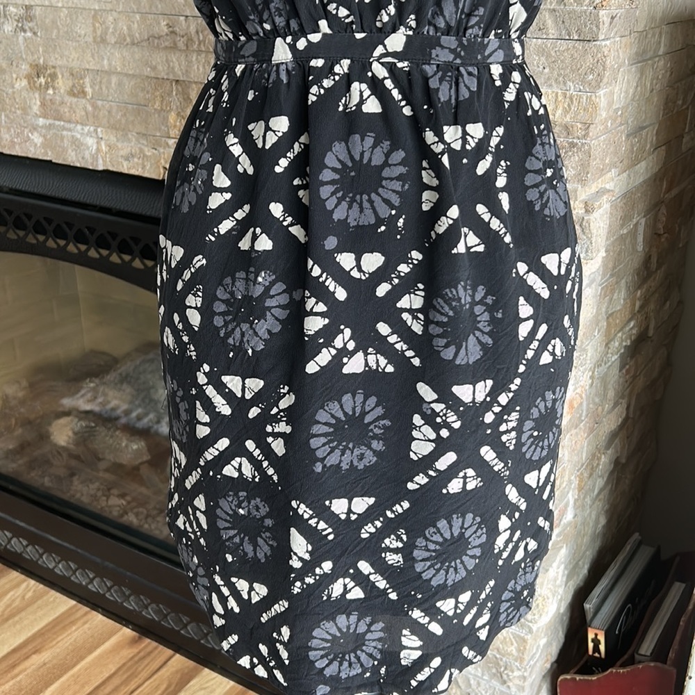 Madewell 100% silk Starview Batik Grid black gray cream mini dress w pockets - Picture 6 of 16